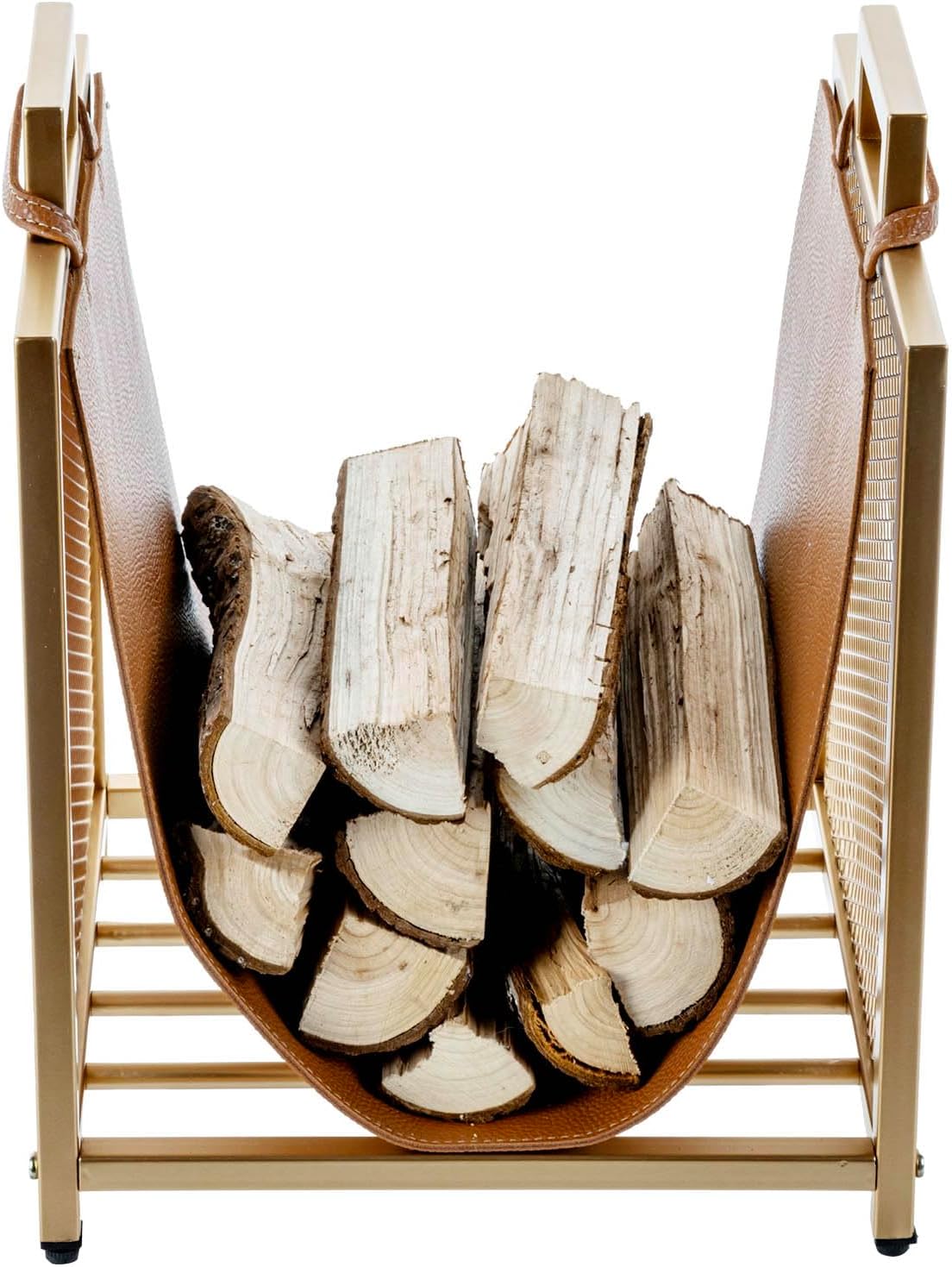 MyGift Modern Gold Tone Metal Firewood Stand with Brown Leatherette Wood Holder Sling, Wire Mesh Design and Top Carrying Handles, Compact Log Splits Kindling Storage Rack
