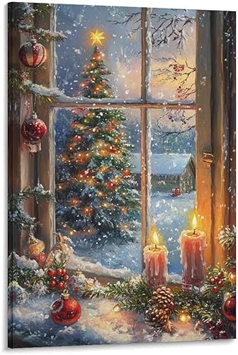 Arte De Pared De Navidad Con Ventana De Invierno, Escena De Nieve, Vela Bodegón, Vintage, Lienzo, Decoración De Cuadros Para Sala De Estar,