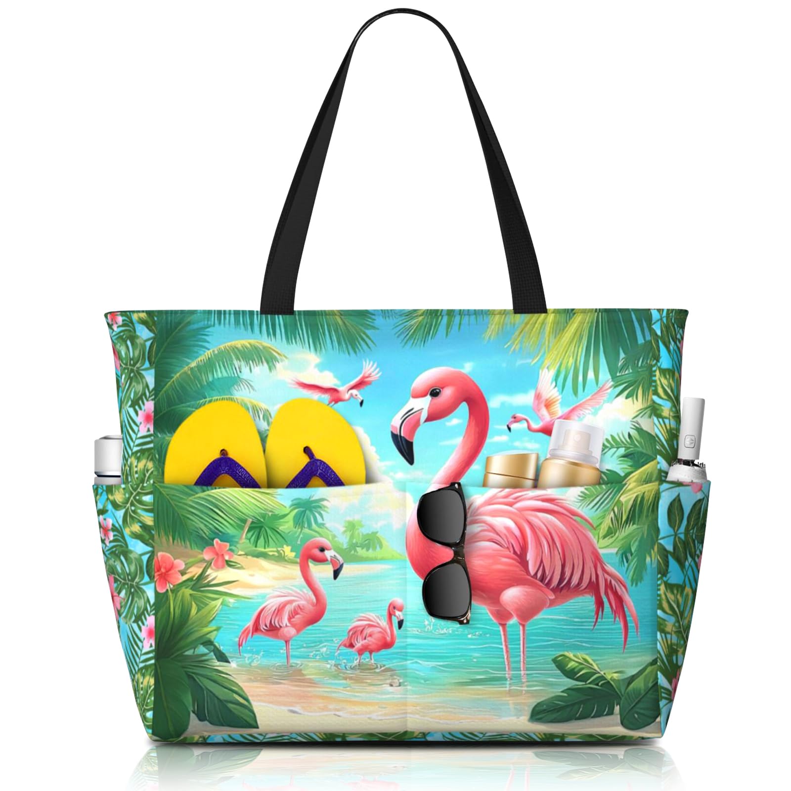 Beach Bags for Women Cute Print Waterproof Sandproof Women Tote Bag with Zipper Colorful Pool Bags for Gym Travel Vocation