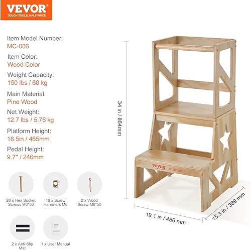 Miniatura 7 de VEVOR Taburete de cocina para niños, taburete de cocina de madera de pino natural con riel de seguridad, capacidad de carga de 150 libras, taburete