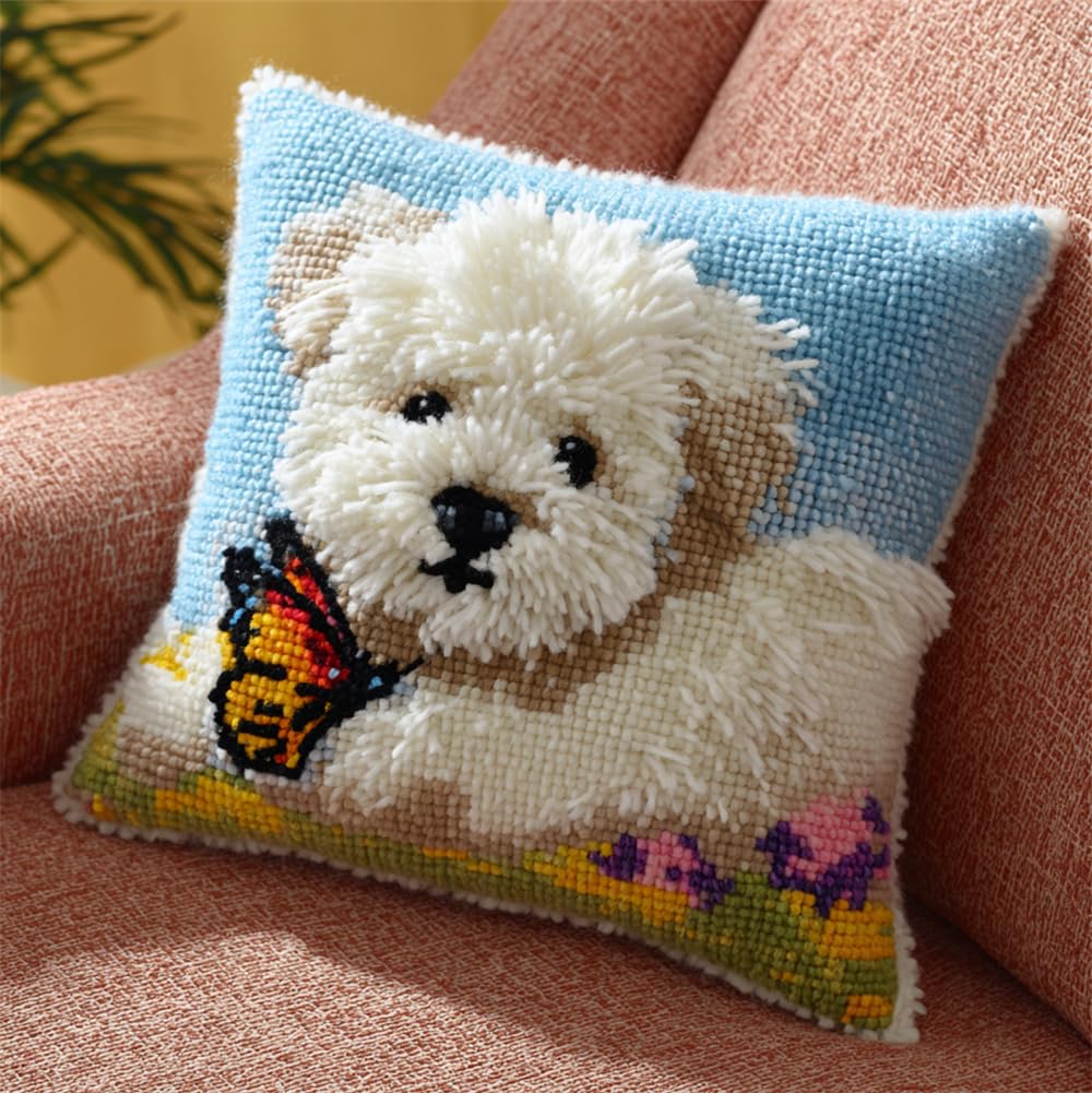 Taxpy Latch Hook Kits for Adults Beginners Bichon Frise and Butterfly Latch Hook Pillow Kit Pre-Printed Latch Hook Rug Kits Insect Cross-Stitch Cushion for Home Sofa Decoration 17X17 in. Handmade