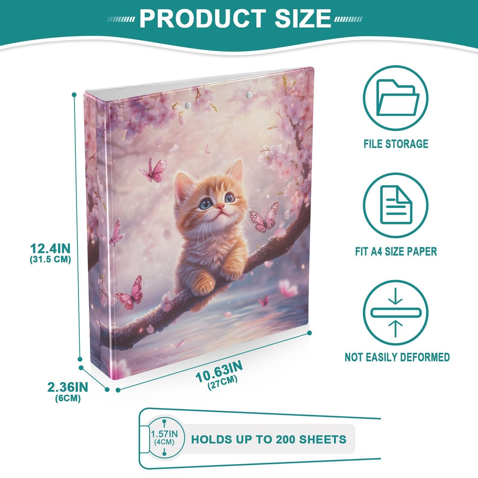 Carpeta impresa de tres anillas, carpeta de anillos en D con bolsillos, carpetas decorativas para la escuela, la universidad u oficina, lindo gato rosa