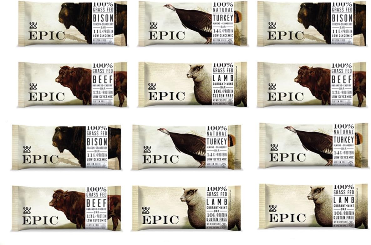 Epic All Natural Meat Bar, 100% Grass Fed, Bison, Variety Sampler Pack, 1.5 ounce bar, 12 count