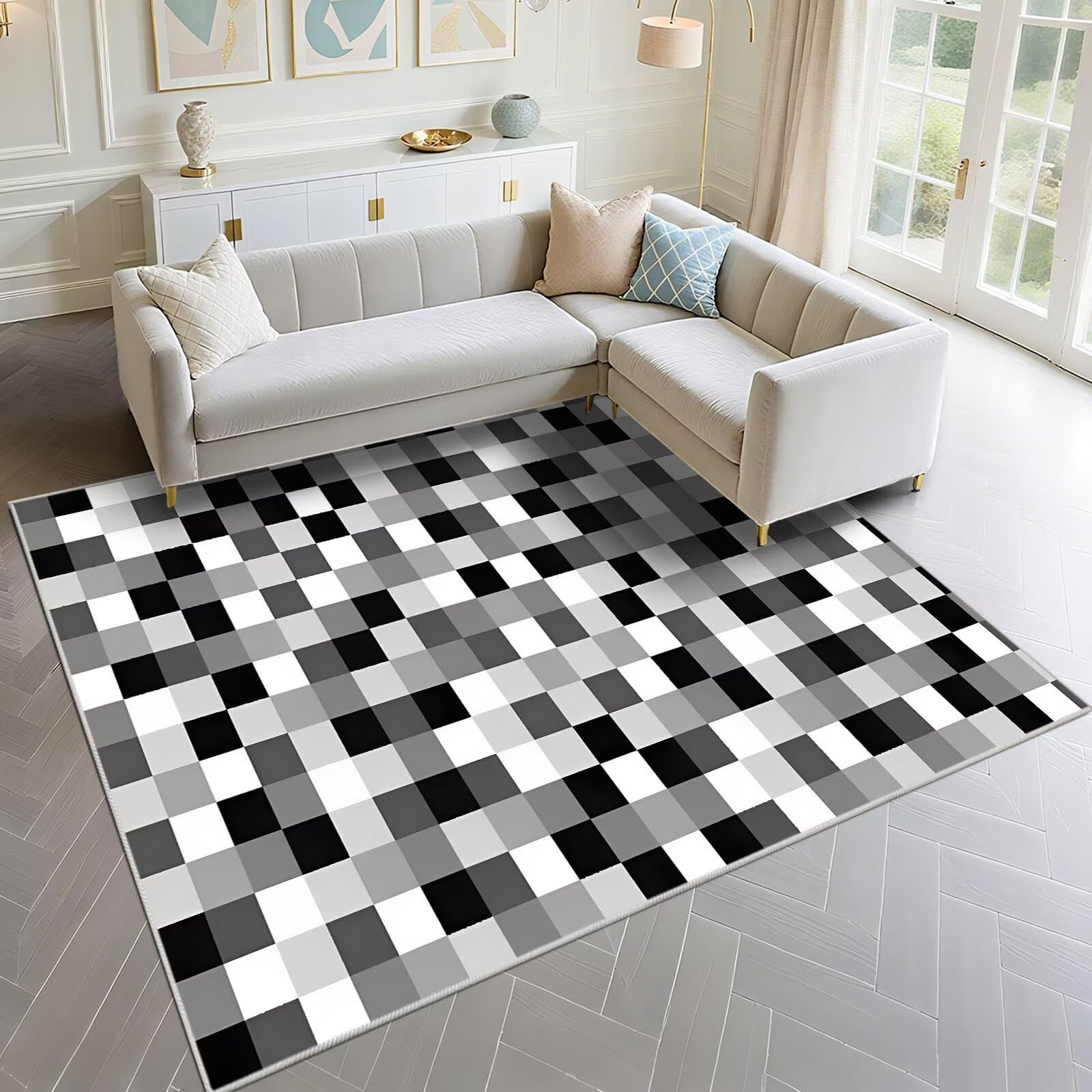 Tapis géométrique noir moderne 100x160cm deco chambre ado fille gris