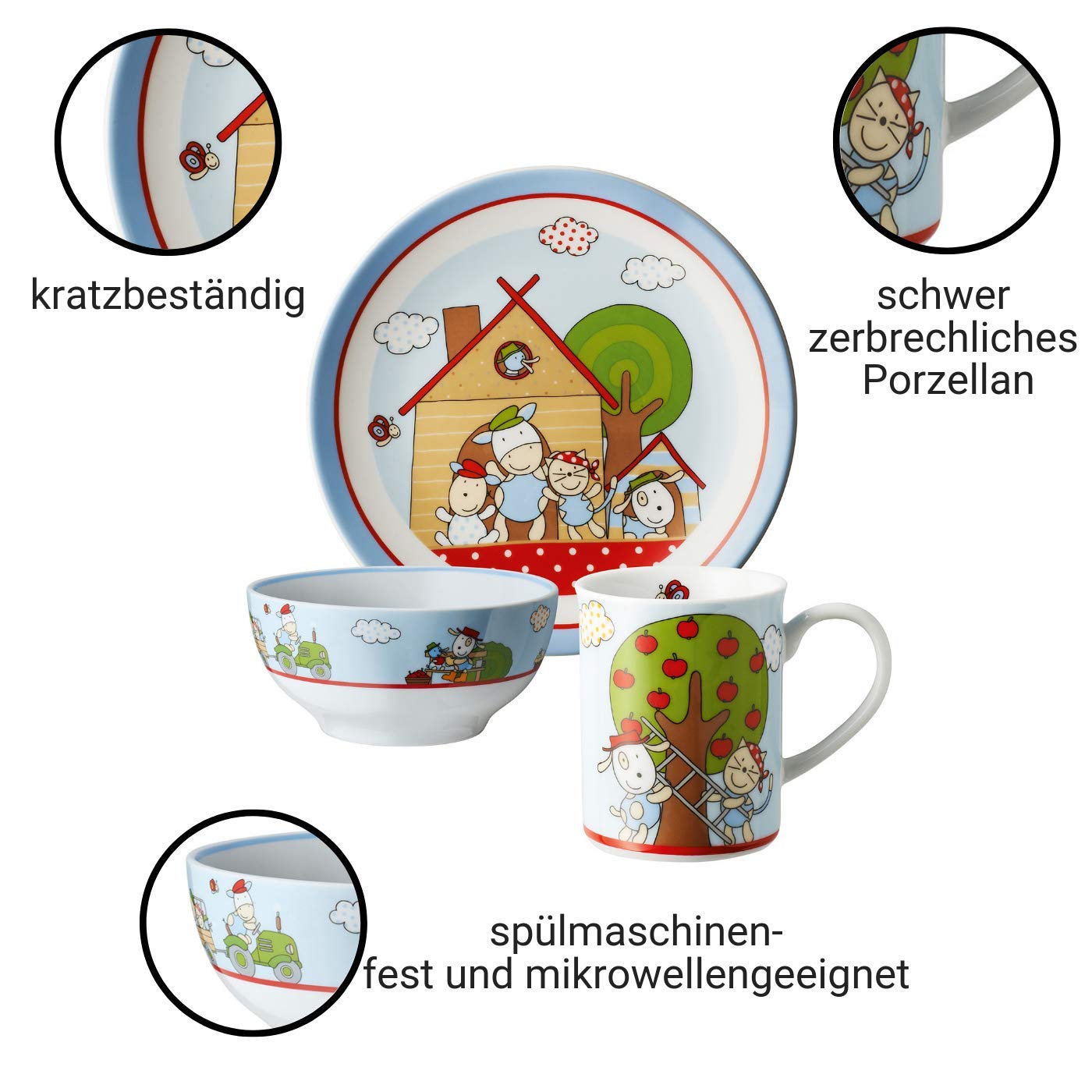 Puresigns Kindergeschirr Set FERME - Bezauberndes 7-teiliges Geschirrset im Bauernhof-Look für Kinder - kindgerecht & spülmaschinenfest Fantasievolles Besteck für kleine Entdecker