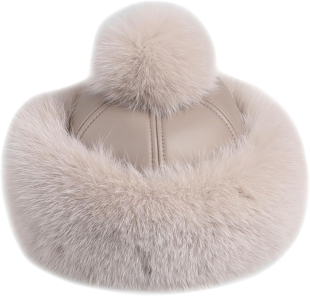 Women's Winter Sheepskin Leather Bucket Hat with Fox Fur Trim
