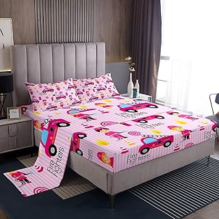 Girls Pink Fire Truck Bed Sheets Set Twin Firefighters Trucks Sheet Set Cartoon Cartoon Firemen Rescue Car Vehicle Fitted Sheet For Kids Car Bed Decor Rose Pink Stripes Flat Sheet 1 Pillow Case