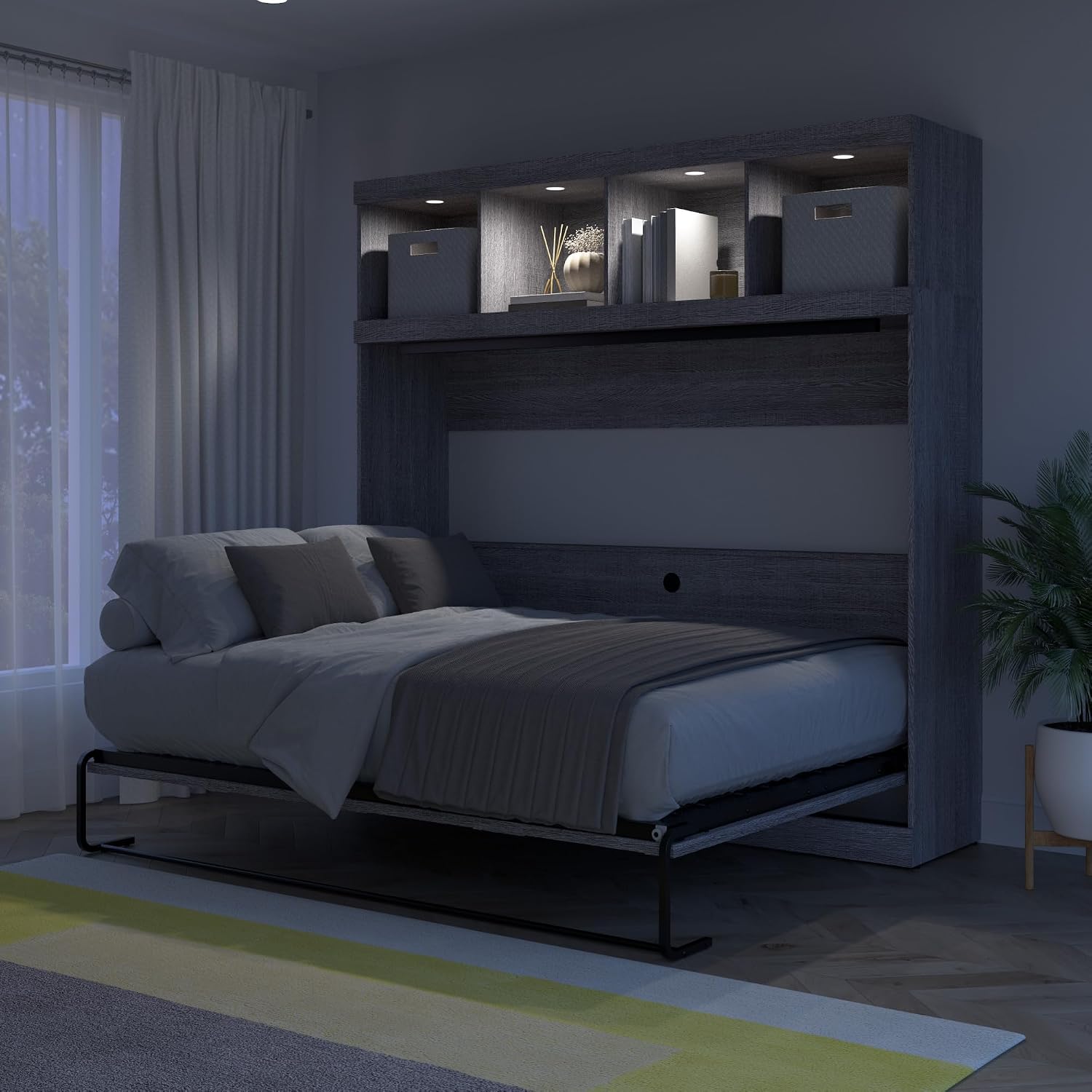 Bestar Full Size Horizontal Murphy Bed with Storage and Charging Station, 80-inch, for Bedroom or Guestroom, Pur Collection, Modern, Gray