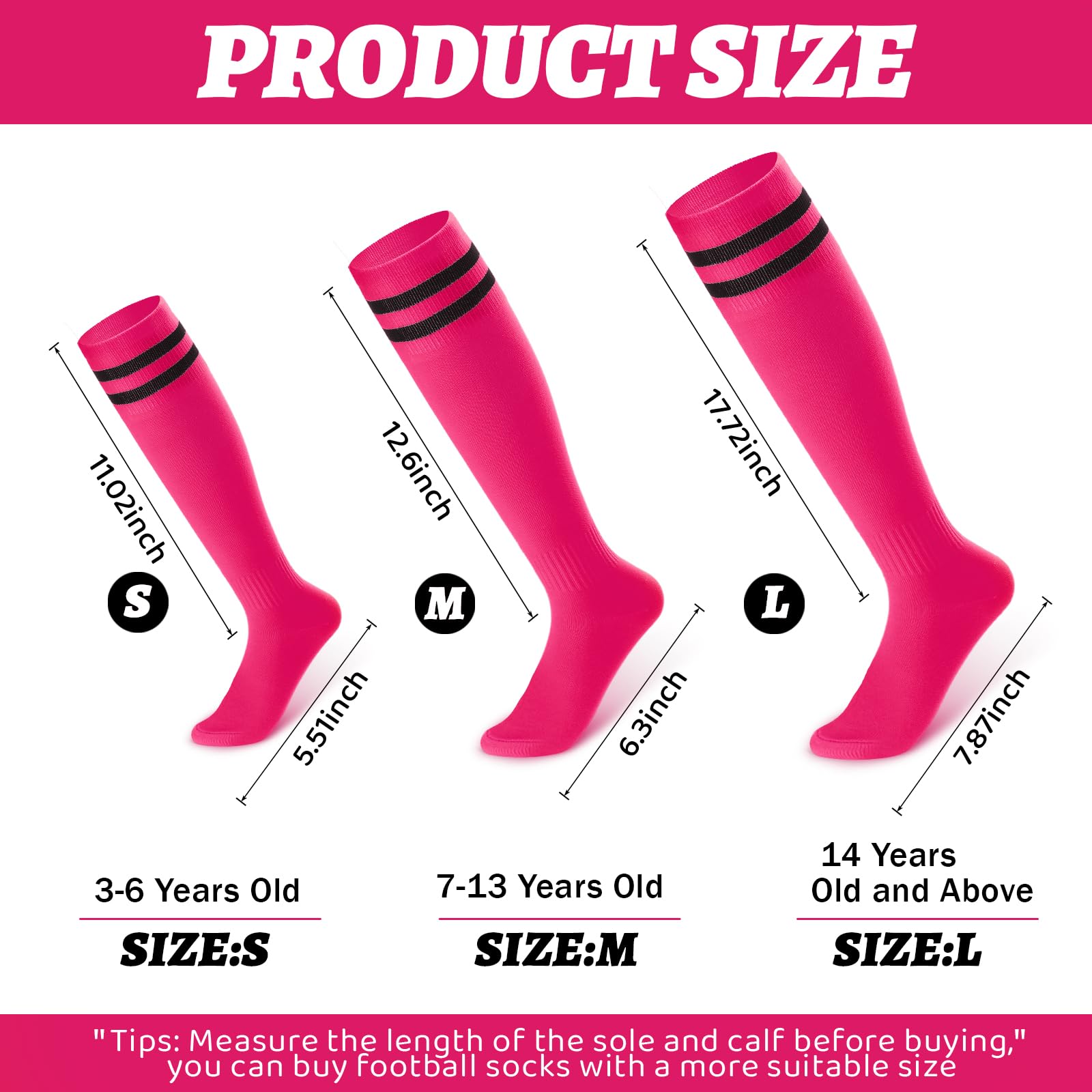 Unittype 6 Pairs Kids Toddler Soccer Socks Youth Stripes Football Socks Christmas Gift for Boys Girls 4-14 Years Old(Hot Pink, Medium)