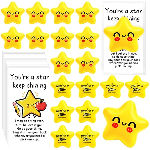 Natonhi 36 Pack Back to School Gifts for Students, Yellow Smile Squeeze Star Squishy Stress Balls Bulk with Blessing Cards for First Day of School Classroom Prizes Party Favors Exchange Gifts