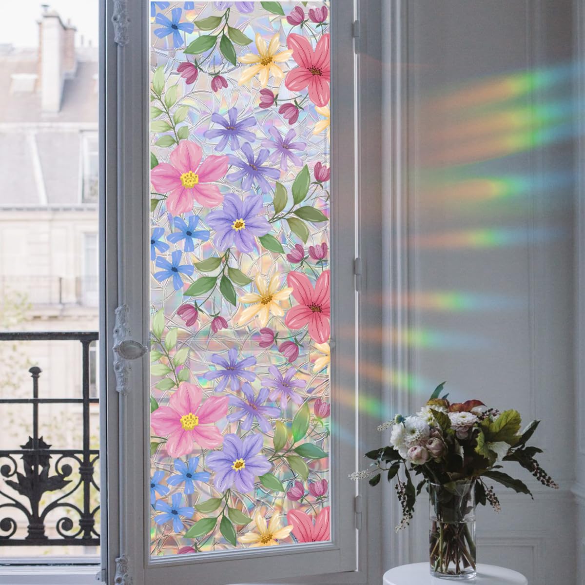 Runtoo Window Privacy Film Rainbow Flowers Window Clings 3D Decorative Vinyl Stained Glass Garden Floral Leaves Decals Static Sticker Non-Adhesive, 17 x 40 inches
