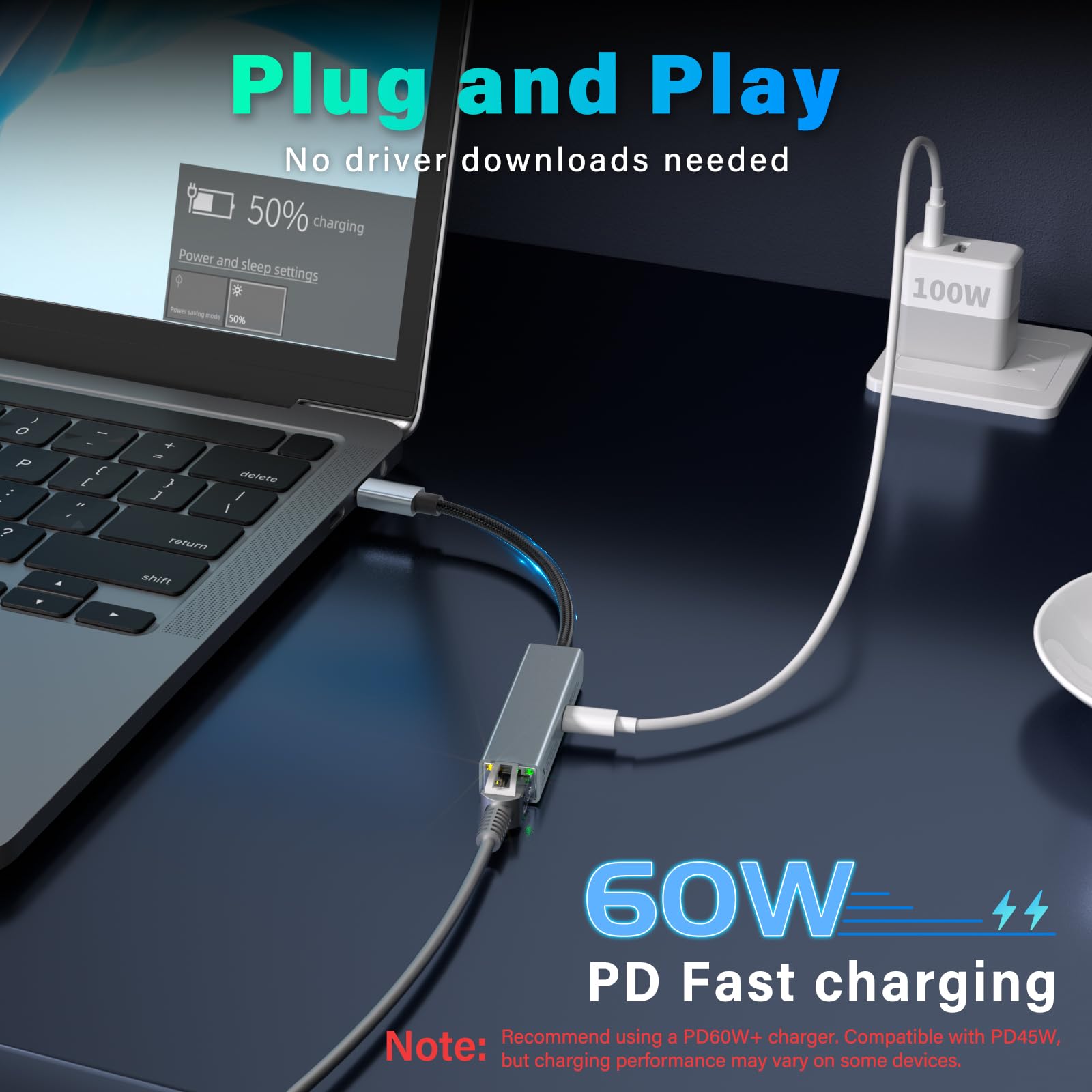 Adattatore Ethernet USB-C con PD60W - Adattatore LAN Tipo C a Gigabit RJ45 Ethernet 1Gbps (Thunderbolt 3/4) Compatibile con Laptop, MacBook Pro/Air, Dell XPS, Chromebook, Surface Book
