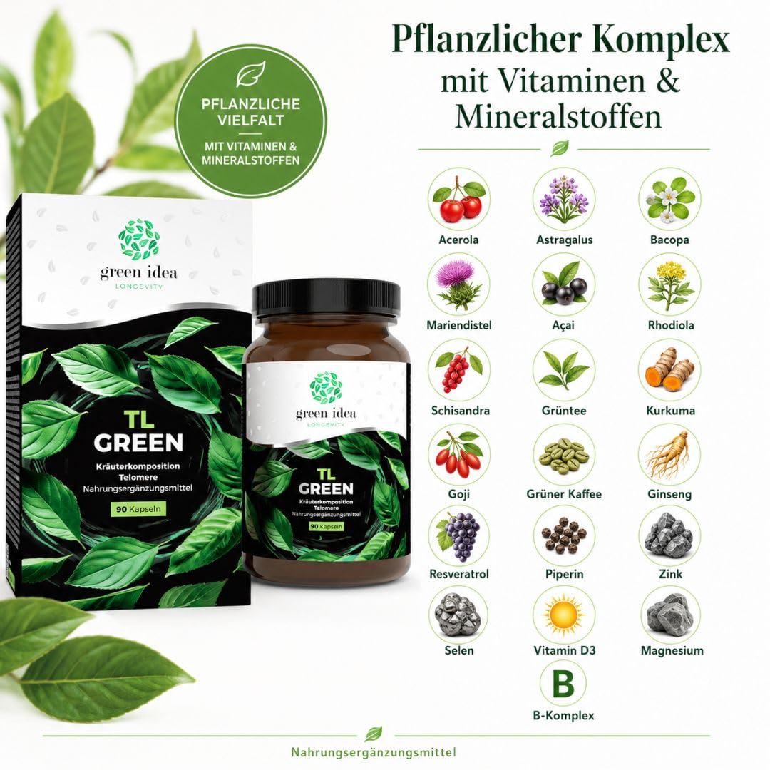 Green idea LONGEVITY TL GREEN Kapseln 90 Stück – Longevity Komplex mit Grüntee Extrakt, Astragalus, Resveratrol, Rhodiola, Selen, Zink, Vitamin D3 & B-Komplex – veganes Nahrungsergänzungsmittel