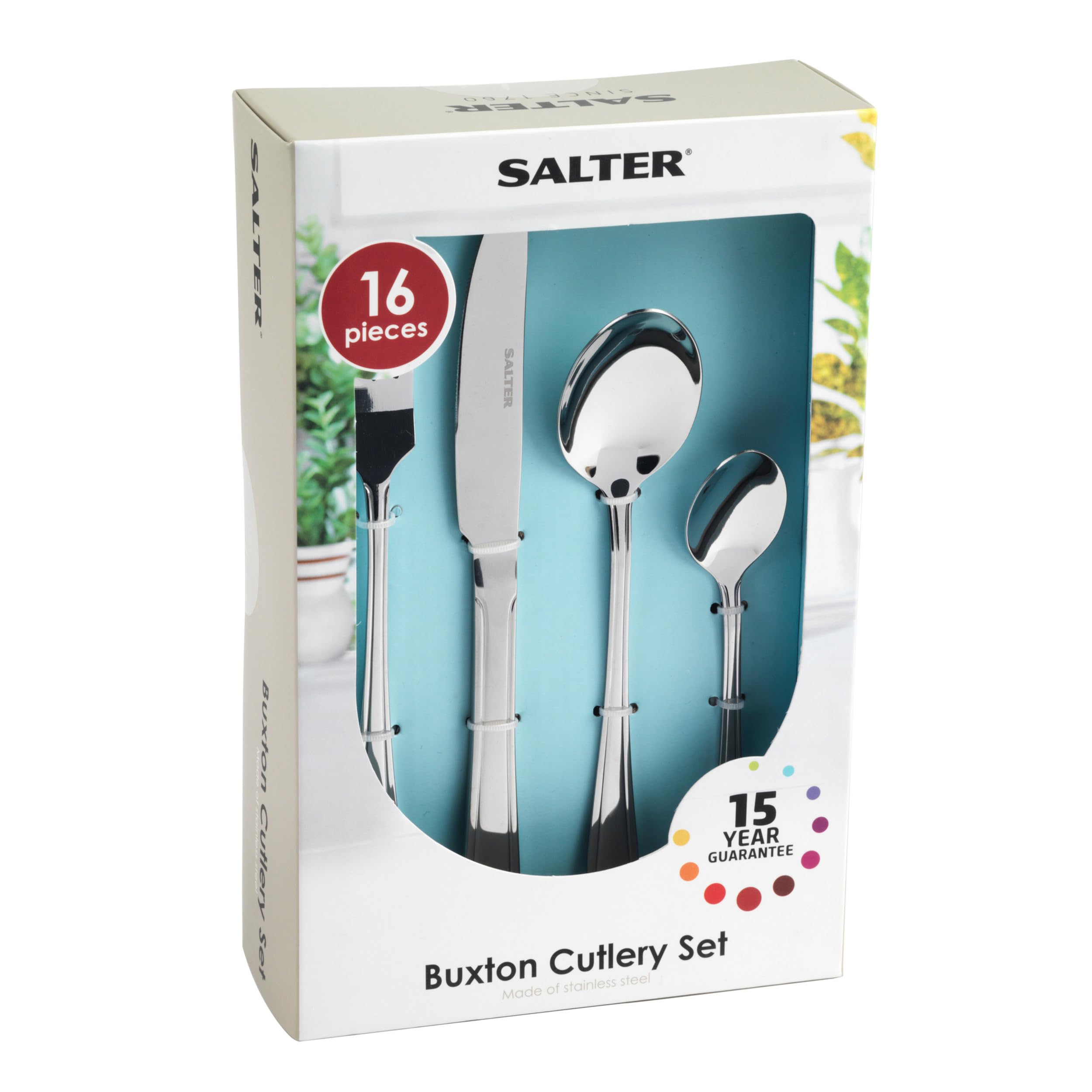 Salter COMBO-8305A Elegance Buxton - Cubertería de 48 piezas para 12 personas, incluye tenedores, cuchillos, cucharillas y cucharas, apto para lavavajillas, acero inoxidable, 15 años de garantía