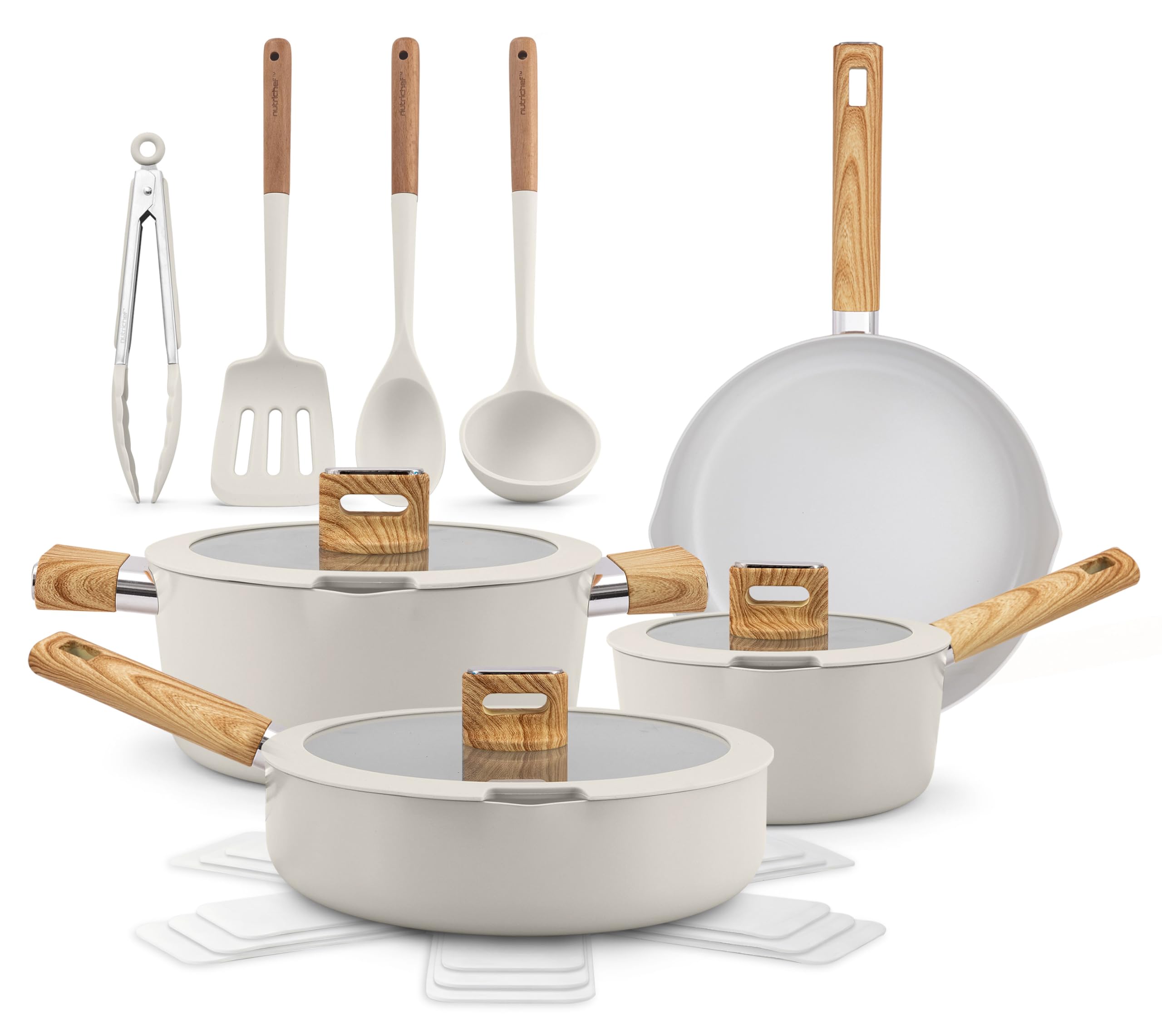NutriChef Ceramic Pots and Pans Set Non Stick 14 Piece – Induction Hob Cookware Set with Glass Lids, Even Heat Distribution, White