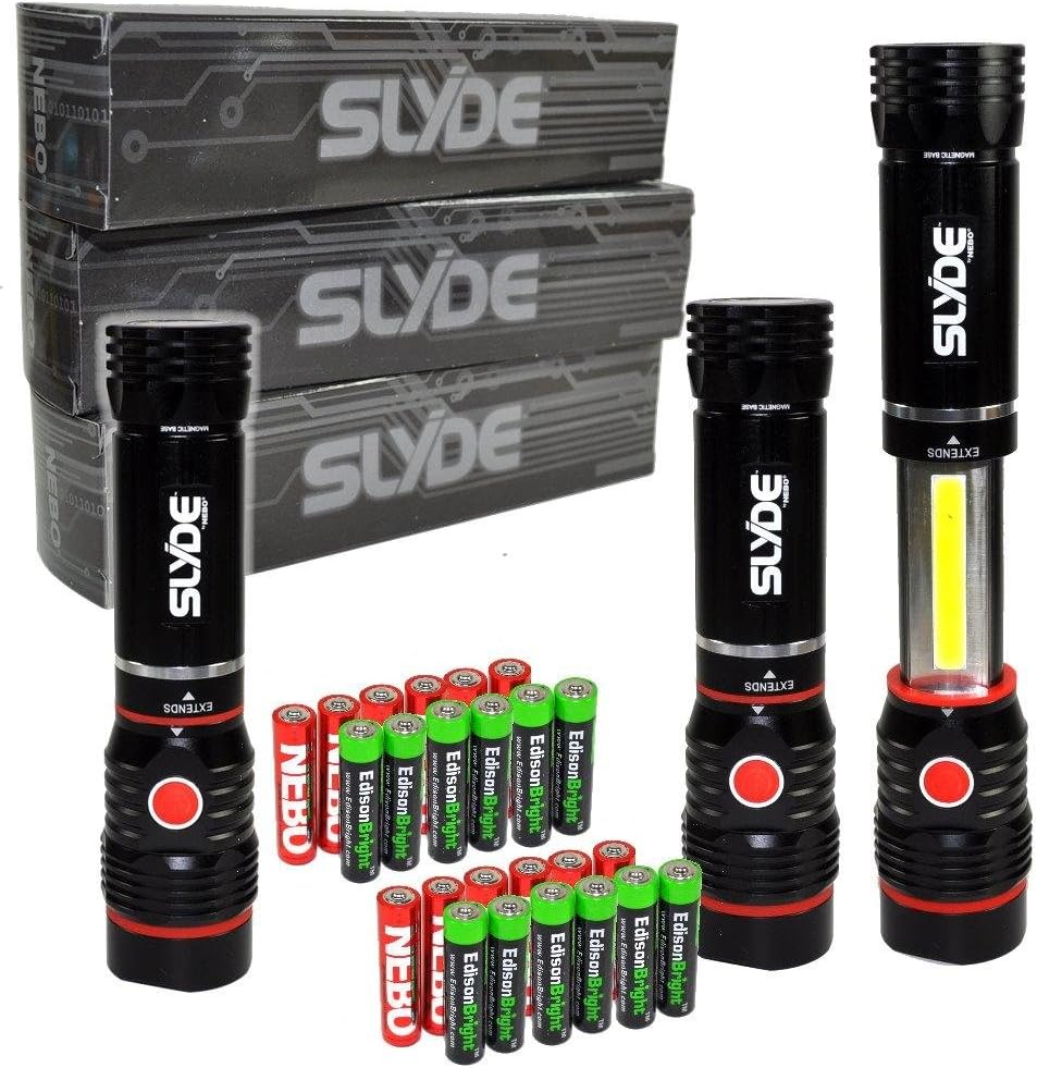 EdisonBright 3 Pack Nebo Slyde+ 300 Lumen LED Flashlight/Worklight 6156 and 12 X AAA Alkaline Batteries Bundle