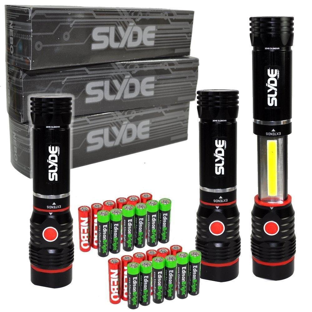 EdisonBright 3 Pack Nebo Slyde+ 300 Lumen LED Flashlight/Worklight 6156 and 12 X AAA Alkaline Batteries Bundle