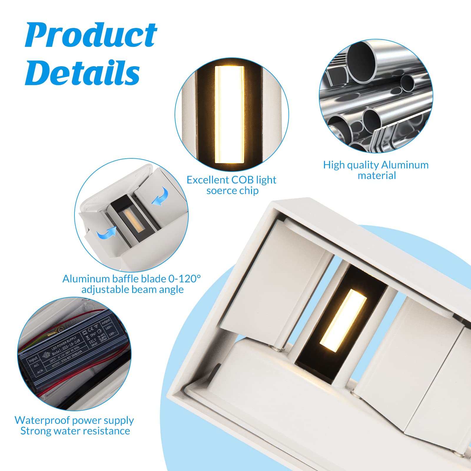 24W Applique da Parete Interno Bianco Applique Esterno Angolo del Fascio Regolabile Moderno Lampade da Parete 3000K Bianco Caldo Applique da Esterno IP65 Impermeabile