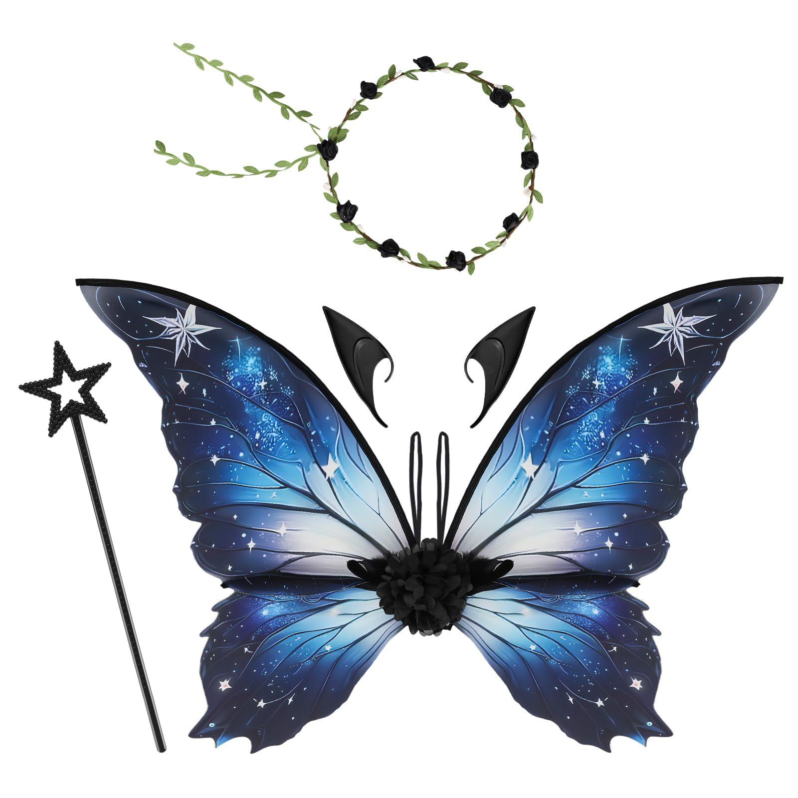 Fairy Wings and Wand, Fairy Wings with Flower Garlands, Elf Ears, Magic Wands, Role-Playing Cosplay and Holiday Events