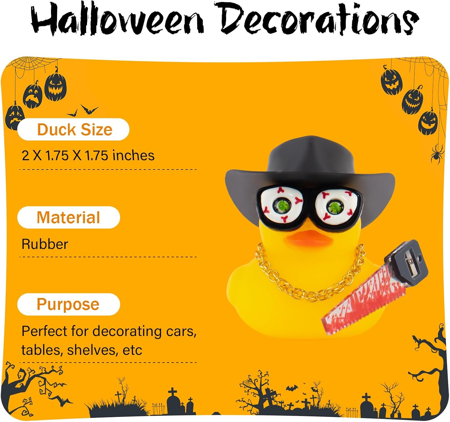 wonuu Car Dashboard Rubber Ducks for Halloween, Decorations Duck for Office Desk Ornament Accessories with Cowboy Hat Glasses Necklace Saw