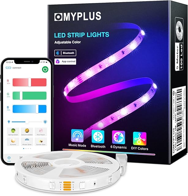 MYPLUS Bluetooth LED Strips Lights 5M, RGB Lights Strip with 44-Key Remote and APP Control Colour Changing, Safety 24V Power Supply SMD 5050 Mood Light for Decoration Room,Kitchen,Home,Bar and Party