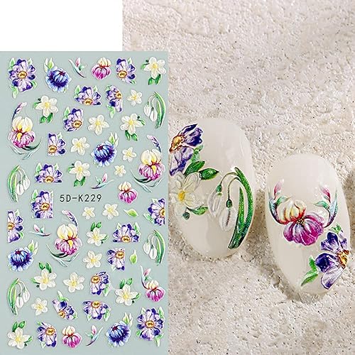 Miniatura 7 de Pegatina de arte de uñas de flores, acrílico 5D, exquisitas calcomanías de uñas en relieve, flores de primavera y verano, peonía, margaritas,