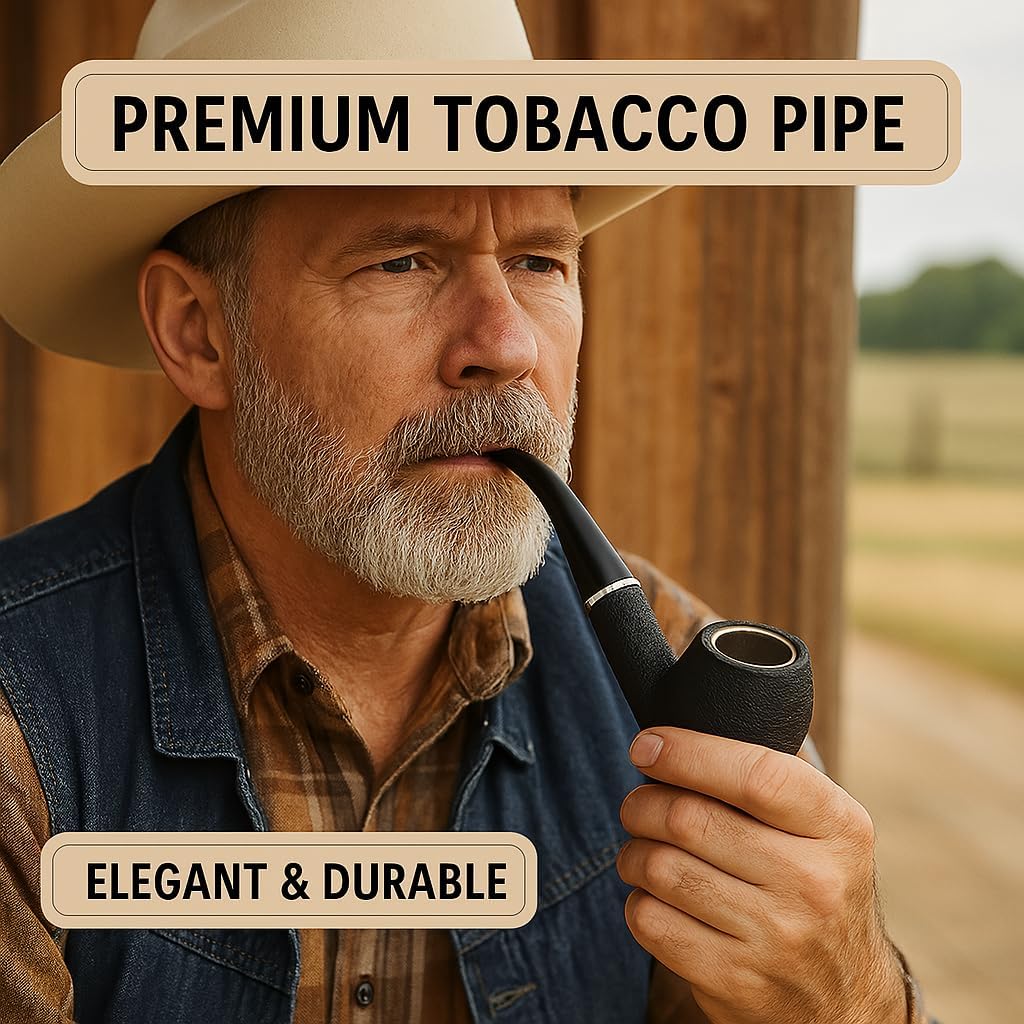 Premium Tobacco Pipe & Tobacco Storage Case Set for Men – 5.67" Classic Matte Black Smoking Pipe with Ergonomic Mouthpiece + Faux Leather Pipe Case with Zipper – Ideal Gift for Pipe Lovers