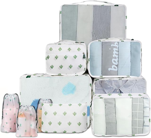 Travel Packaging Cube Packing Cubes 10 Different Sizes Travel Luggage Packing Organizers Pouches Travel Bags Suitcase Organizer Bags (10 Piece, Cactus)