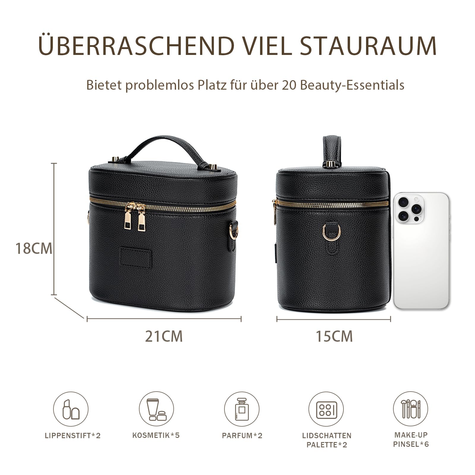 Kosmetiktasche Damen, Make Up Tasche für Frauen – Leder Vanity Case mit herausnehmbarer Trennwand, Waschbare Fächer