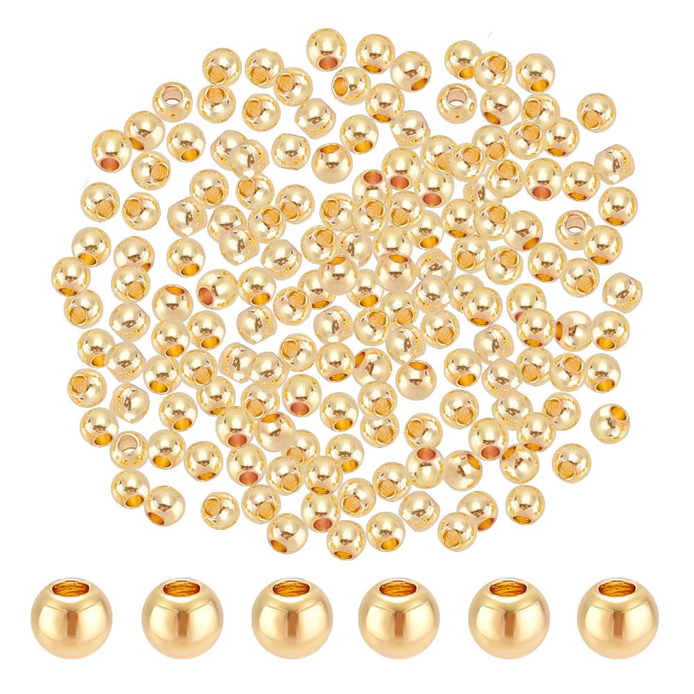 PandaHall 300pcs Smooth Round Beads, 3mm 14K Gold Plated Beads Long-Lasting Plated Small Spacer Beads Seamless Ball Beads for Bracelet Necklace Jewelry Crafts Making