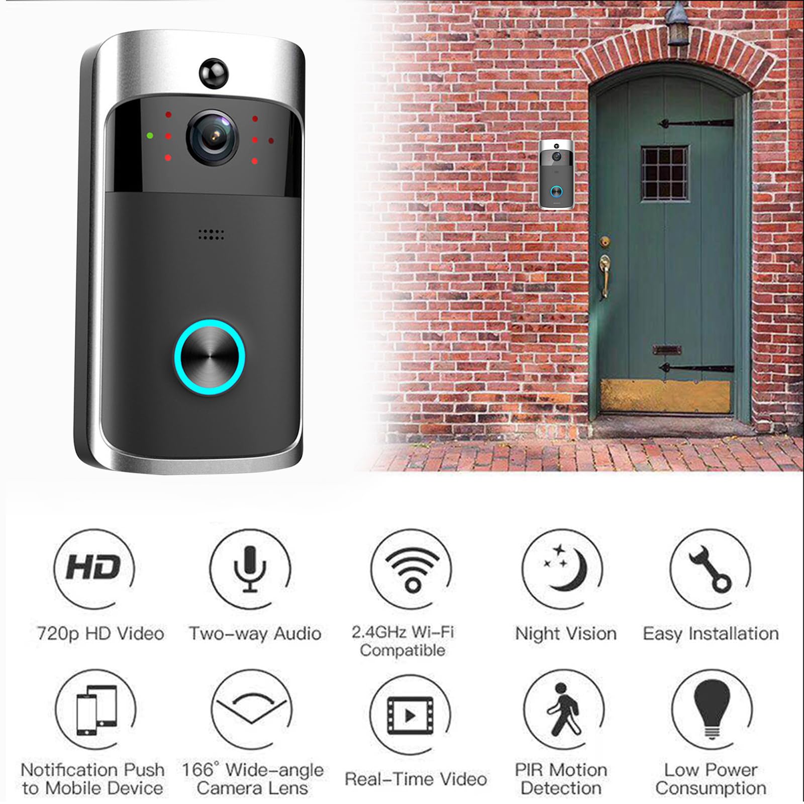 V5 - Timbre inalámbrico de cámara gran angular de 166 grados con detección de movimiento 720P HD con micrófono con cancelación de ruido, equipo de seguridad para el hogar