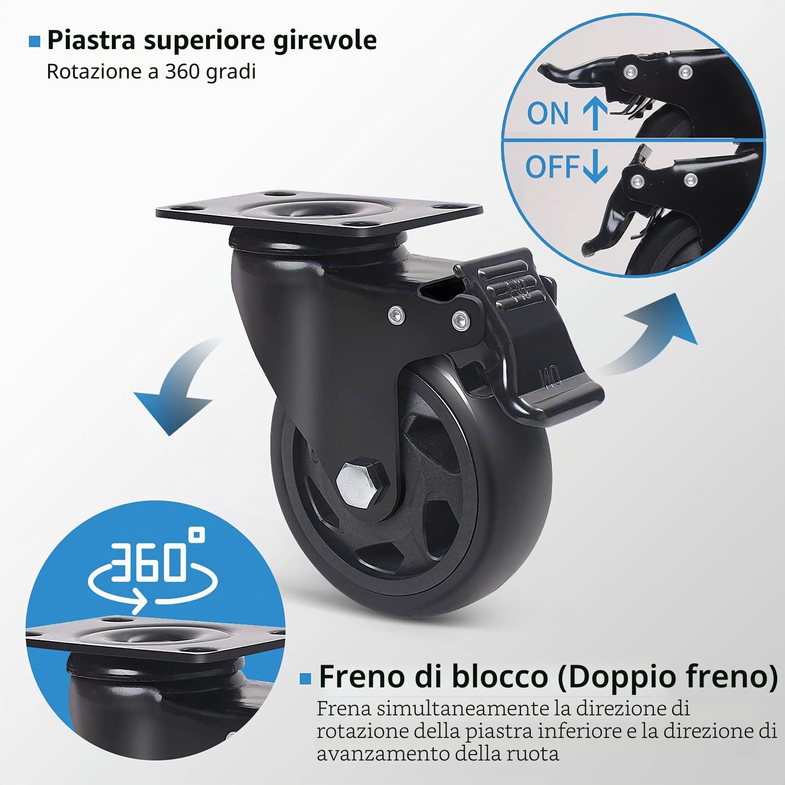 100MM Ruote per Mobili Pesanti, Set di 4 Ruote per Carrello con Freno Capacità 600kg, Cuscinetti Doppi Rotelle Girevoli Rotazione a 360°, Rotelle Pesanti per Tavolini, Tavolo