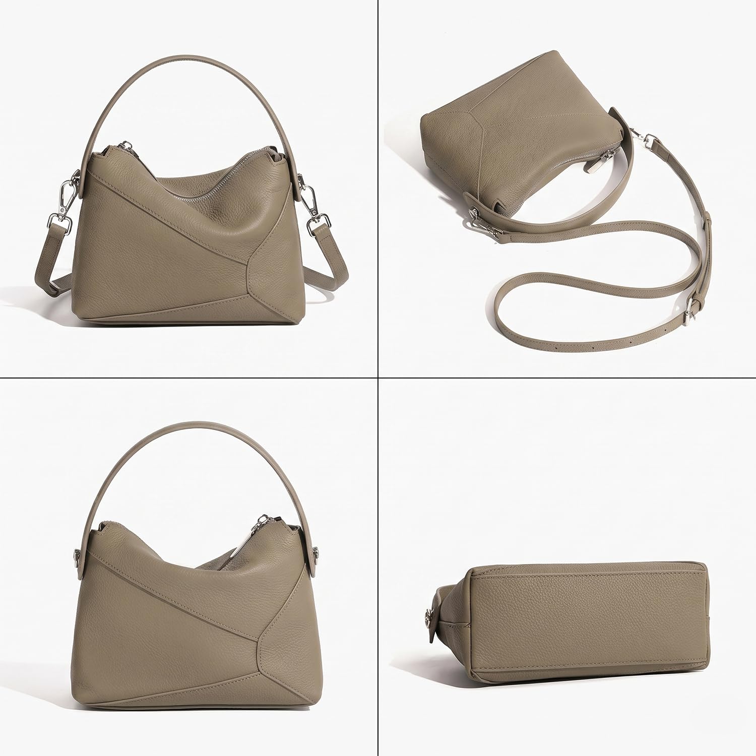Bolso Boston Mini Mujer de Cuero Flor Genuino, Bolso de Mano Geométrico Diseño Nicho, Elegante Bolso Bandolera y de Hombro Minimalista Caquí