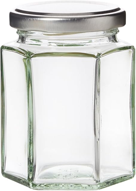 Nutley's 24 Hexagonal 8oz Jam Jars + silver lids + jam box + free retro labels H1