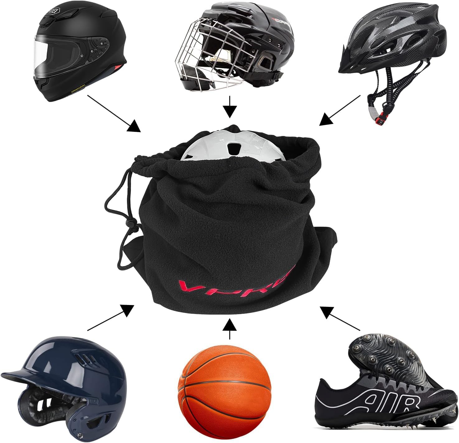 VPRO Borsa per casco da hockey, in pile, nera con ricamo rosso, chiusura con coulisse, 42 cm x 42 cm