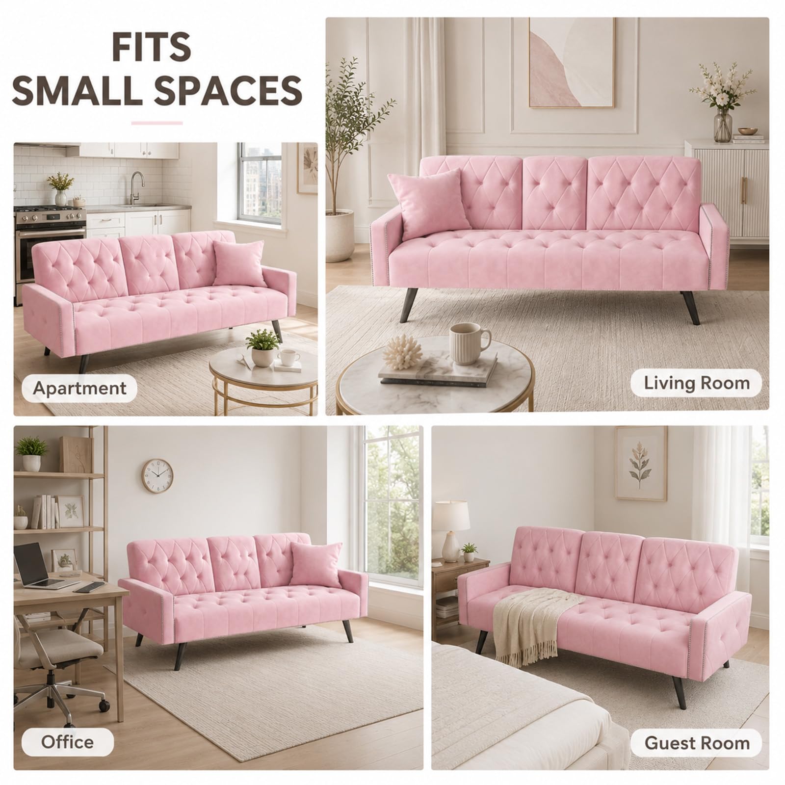 Anwick Modern Velvet 2 in 1 Futon Sofa Bed,Convertible Folding Sleeper Bed Couches with 2 Pillows,73" Tufted Recliner Love Seat with Golden Chrome Legs for Living Room Apartment Office (Pink)