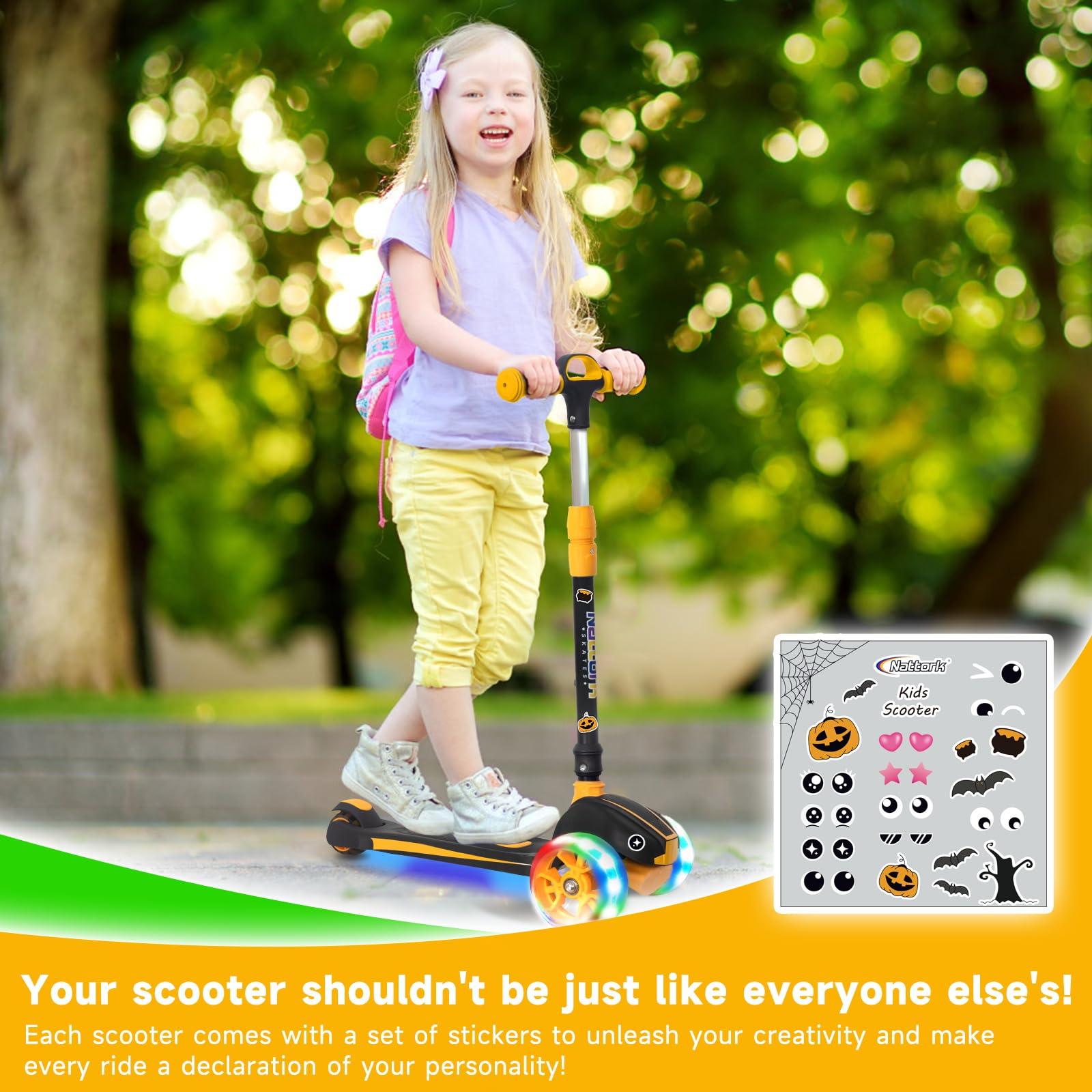 Scooter de 3 ruedas iluminado para niños pequeños de 3 a 12 años con 4 alturas ajustables para niños y niñas, capacidad de peso de 120 libras, patinete plegable, color naranja 2