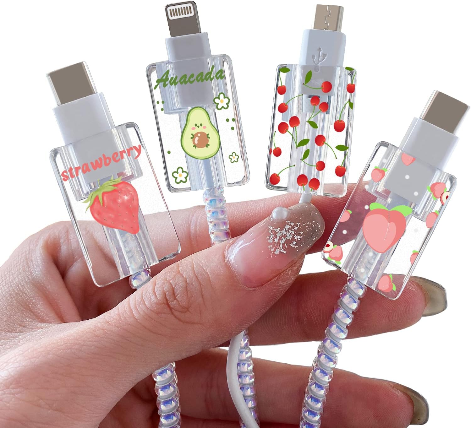 CameCosy Cute Fruit Cable Protector for iPhone Charger,Kawaii Avocado Pink Strawberry Cherry Peach Pattern 4pcs Set Phone Cable Protector,Charging Cord Protector,USB Charger Saver (Lightning Cable)