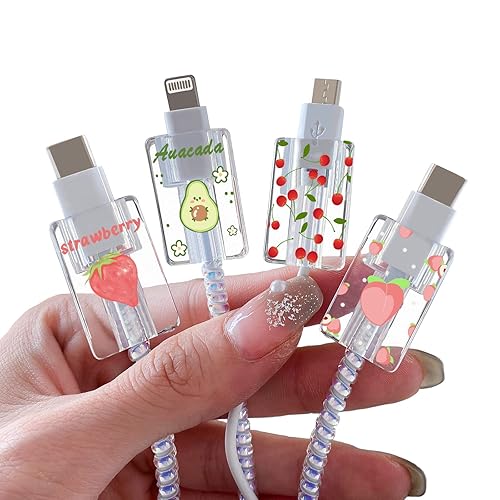 CameCosy Juego de 4 protectores de cable de frutas para cargador de iPhone, diseño Kawaii de aguacate rosa, fresa, cereza y melocotón, protector de