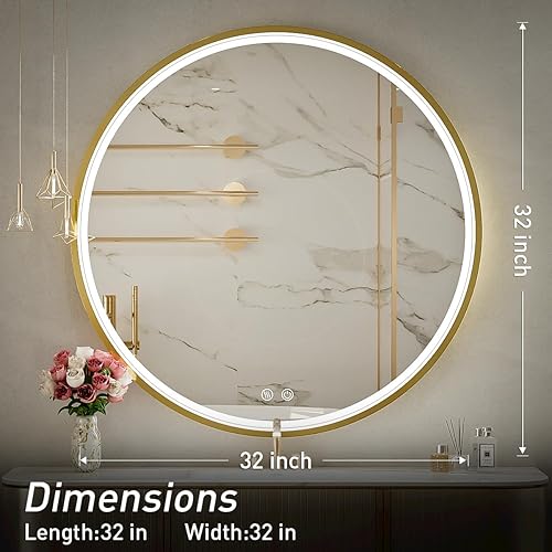 Miniatura 7 de Espejo LED redondo de baño de 32", espejo de tocador antiempañamiento regulable con control táctil, luz natural de 6000K, marco de metal dorado,