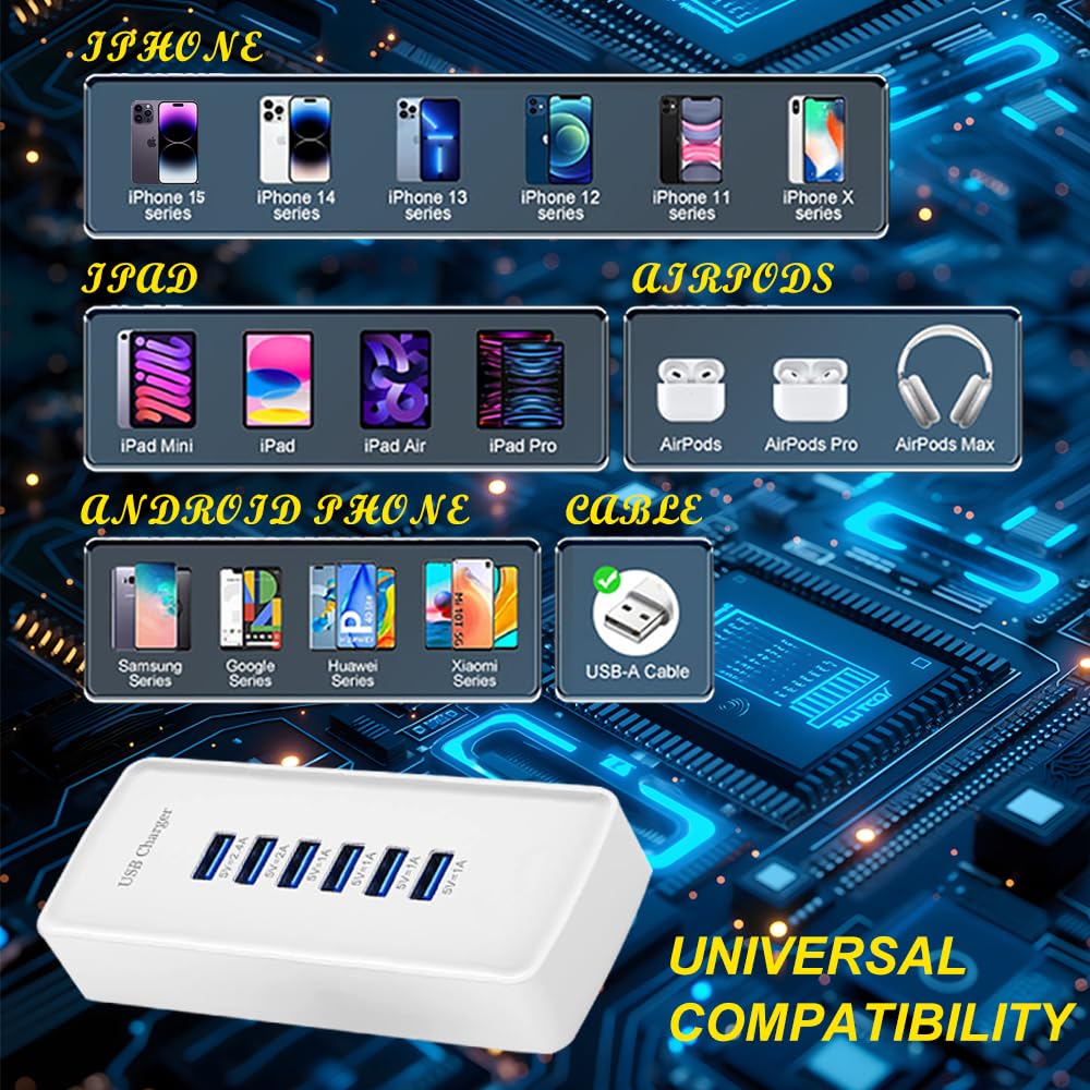 Qimoo Estación de carga USB de 6 puertos, puerto USB de 84 W, cargador
