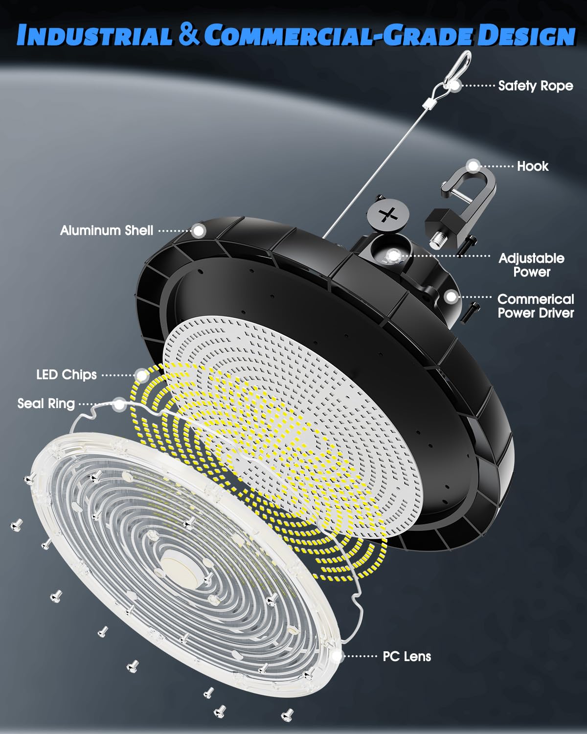 200W Adjustable LED High Bay Light - 100W 150W 200W Selectable 0-10V Dimmable 130LM W Super Bright 6500K — view 5