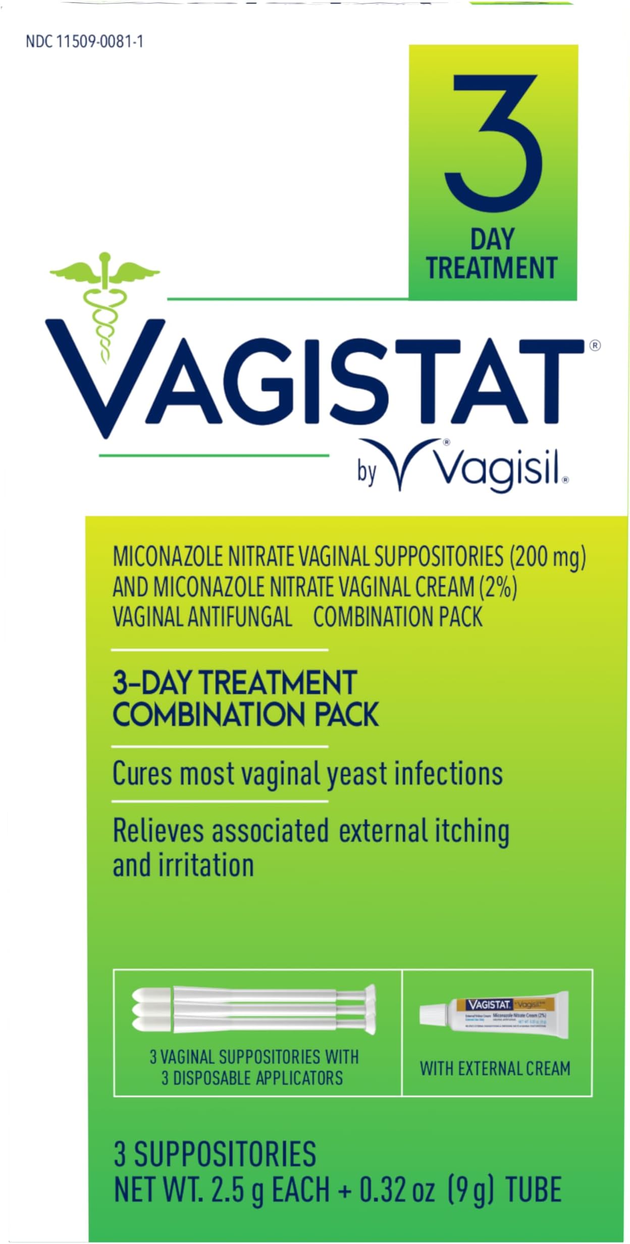 Vagisil Vagistat 3 Day Yeast Infection Treatment for Women, Relieves External Itching and Irritation - 2% External Miconazole Nitrate Cream, 3 Disposable Suppositories & Applicators (Pack of 1)