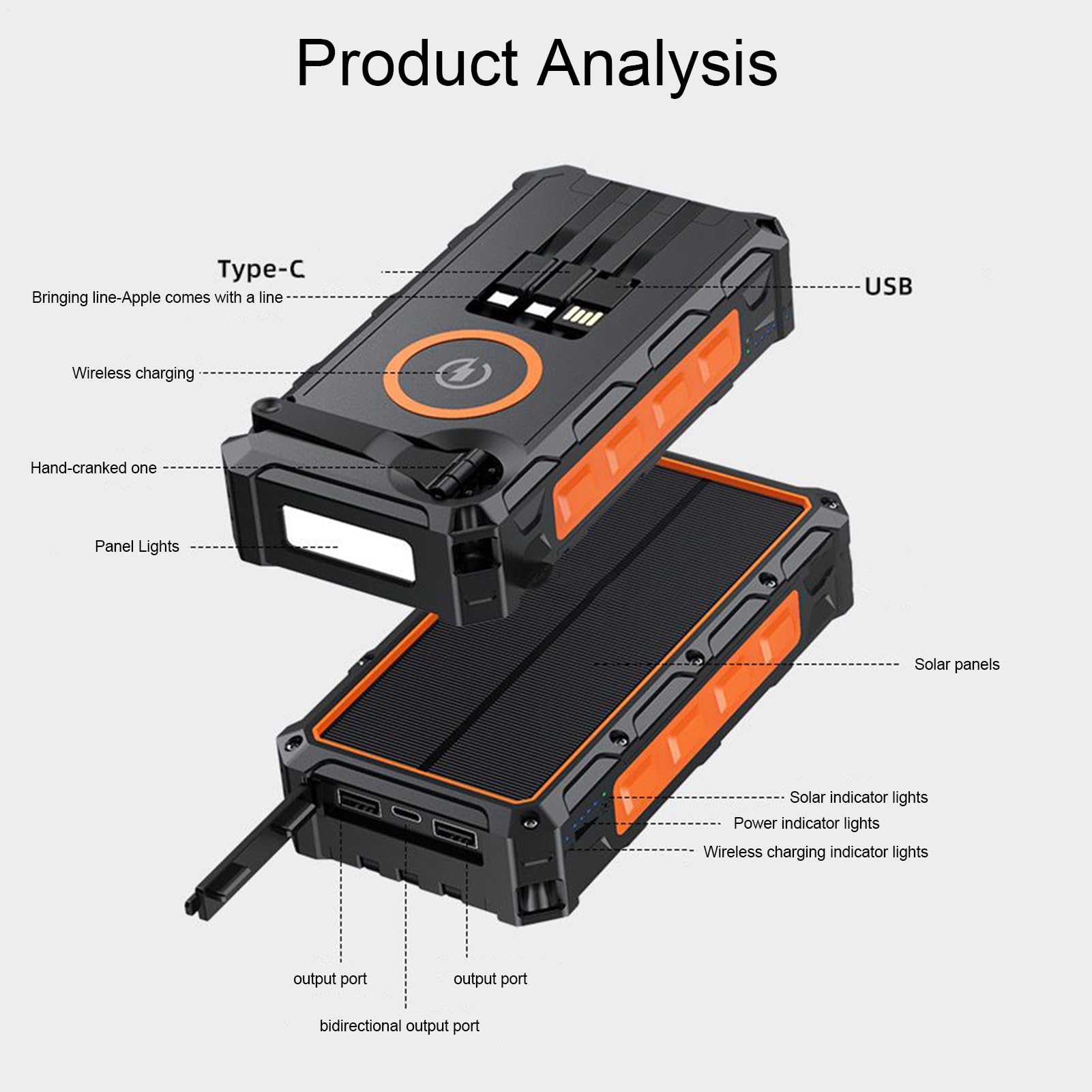 Powerbank solaire Portable Alarme Et Boussole Intégrées Sans Fil | Chargeur Batterie À Manivelle Avec Lampe LED Pour Voyages, Randonnée, Camping, Pêche, Hommes, Femmes, Jeunes,