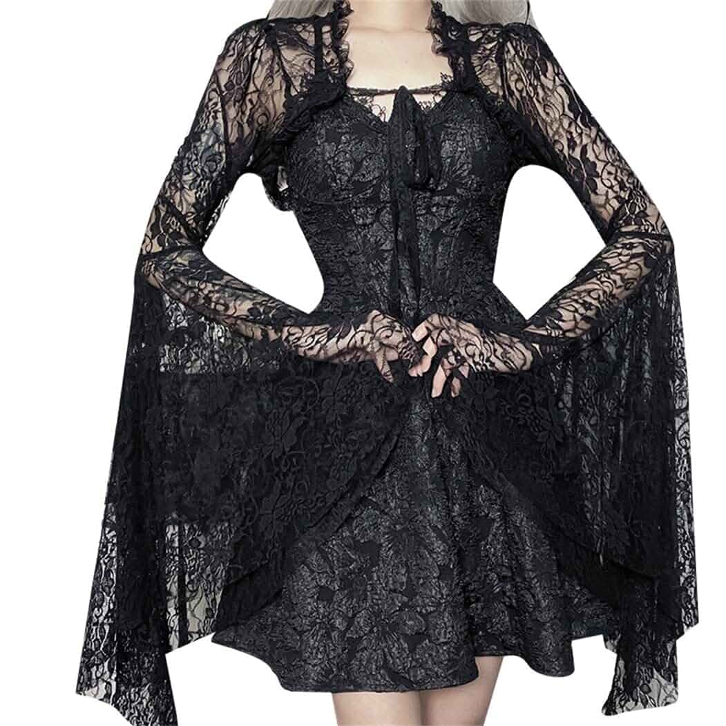 win2win Goth Sheer Mesh Lace Shrug Bolero Top | Long Sleeve Black Bell Sleeve Gothic Tie Front Crop Top Cropped Y2k Shrugs