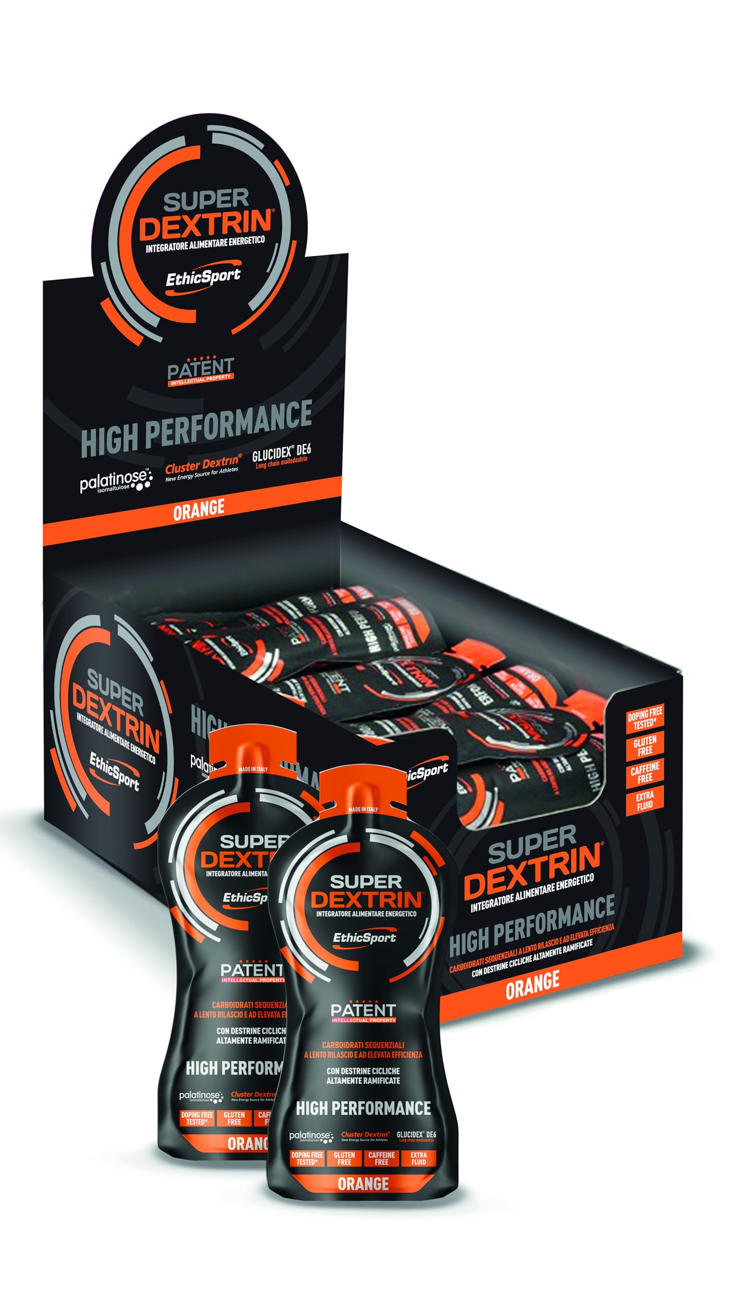 EthicSport - Super Dextrin Gel - Confezione da 45 x 55 ml - Gusto: Arancia - Integratore alimentare energetico a base di carboidrati di nuova generazione a cessione energetica differenziata