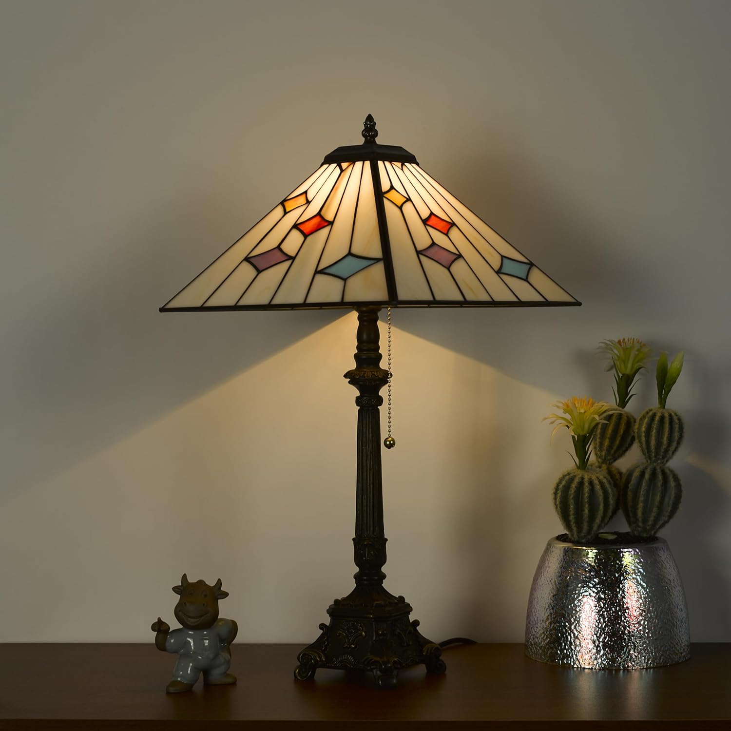 Tiffany Table Lamps White Stained Glass Stripes Checkered Style Mission Desk Lamp 12X12X24 Inch Bronze Resin Base