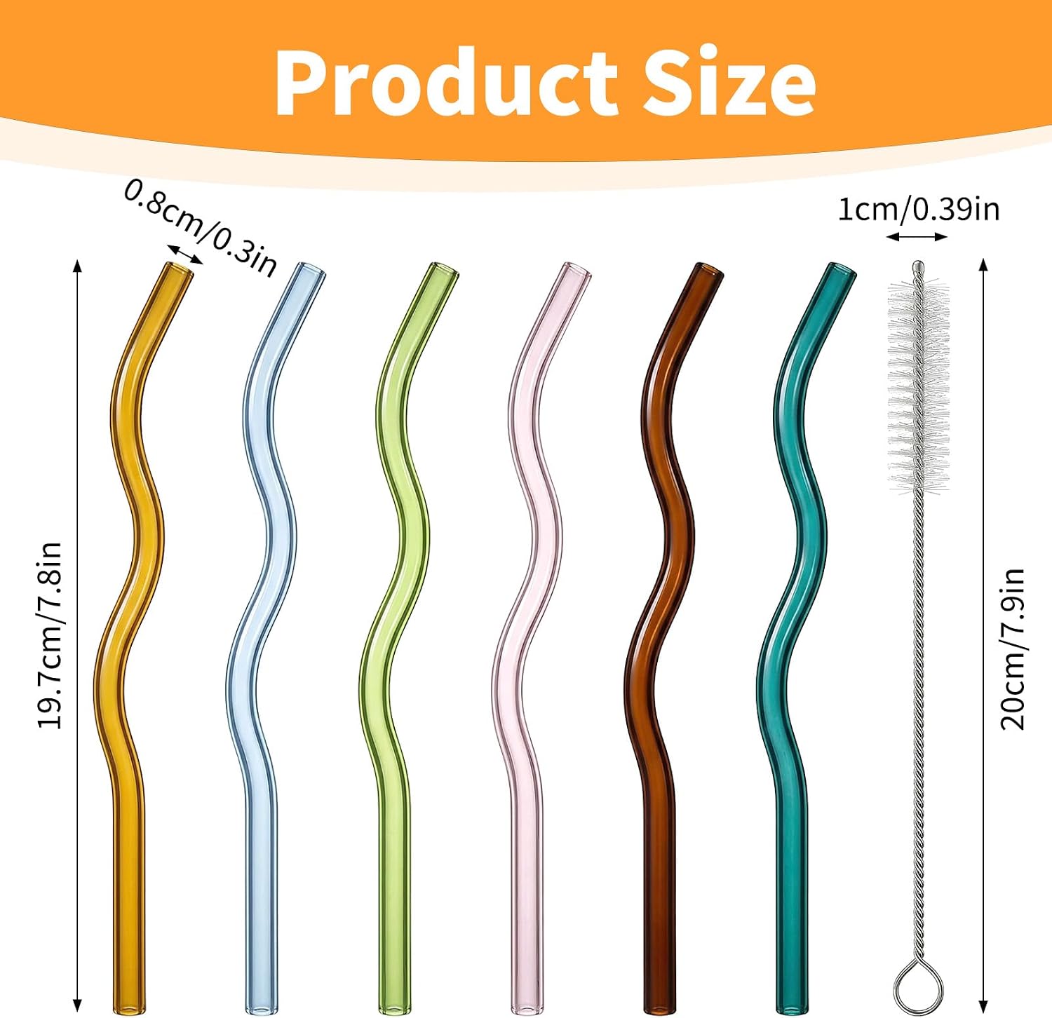 6 Pcs Wavy Glass Straws Cute, 7.8in × 8mm Reusable Colorful Glass Straws Shatter Resistant with 1 Cleaning Brush for Hot/Cold Beverages, Milk, Coffee, Juice, Wine