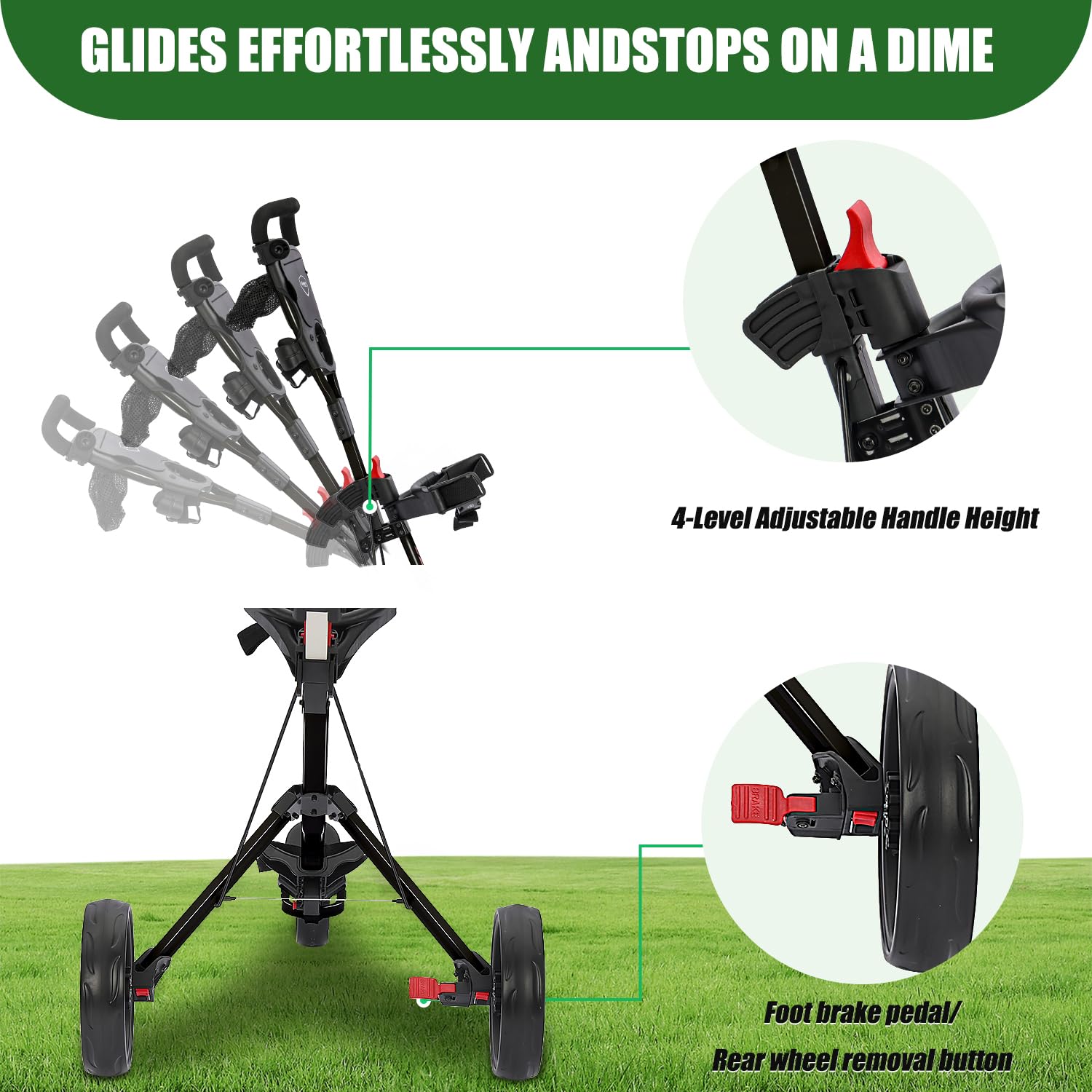 XDriveMax GC27 Carrello a spinta da golf a 3 ruote, carrello da golf borsa pieghevole carrello da tirare carrello per club e borsa con supporto per tazze titolare carte/scomparto portaoggetti (nero)