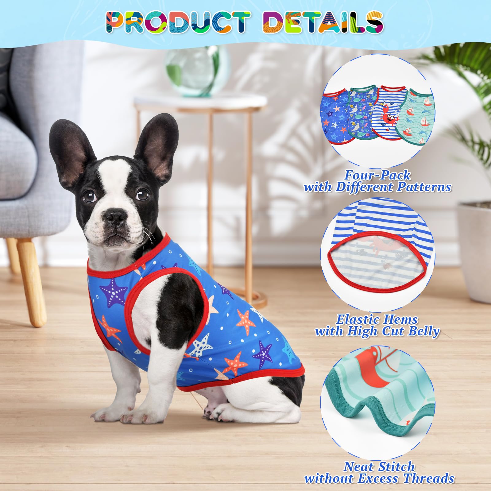 Vehomy 4-Pack Dog Summer Shirt Soft Cotton Cat Sleeveless Shirts Pet Stripe Tshirt Tank Tops Vests with Sea Fish Patterns Kitten Puppy Summer Clothes for Small Medium Dogs S - Image 3